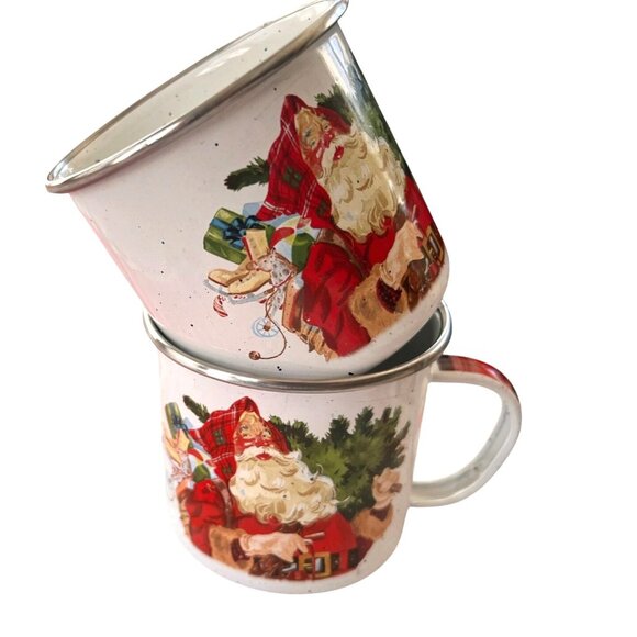 VTG Hallmark Santa Claus Enamel Mugs Set of 2 WHT RED GRN Festive Jolly Holiday - Picture 4 of 9
